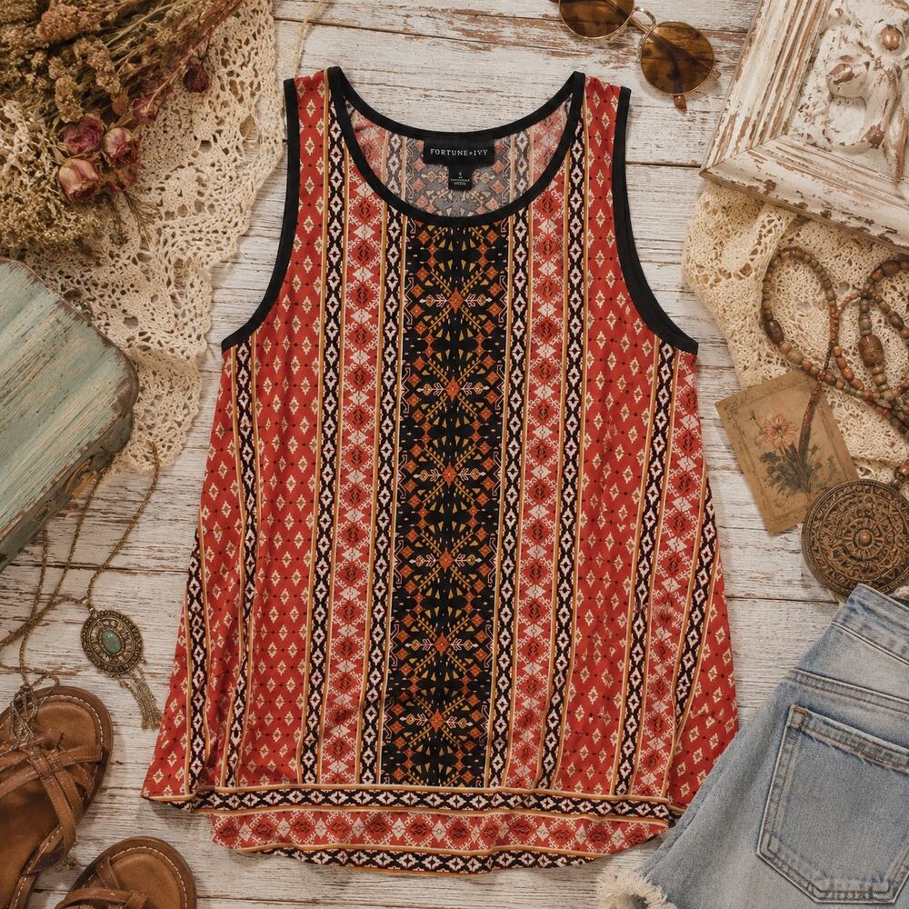 Fortune‎ + Ivy Boho Tribal Tank Top Orange Brown Geometric Print Sleeveless SZ S